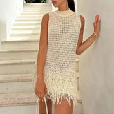 Kniitted Hollow Out Patchwork Tassel Short Dress